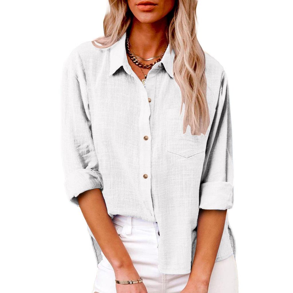 Autumn Pocket Slit Long Sleeve Women's Cotton Linen Shirt