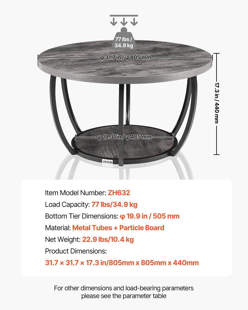 Coffee Table, Modern Round Coffee Table, 2 Tiers Wooden Circle Center Desk with Open Storage, Minimalist Sturdy Metal Frame Accent End Desk for Living