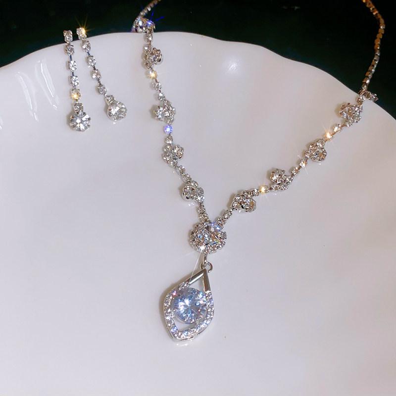 Korean Style Rhinestone Water Drop Necklace & Earring Set - Elegant, Shiny Geometric Design