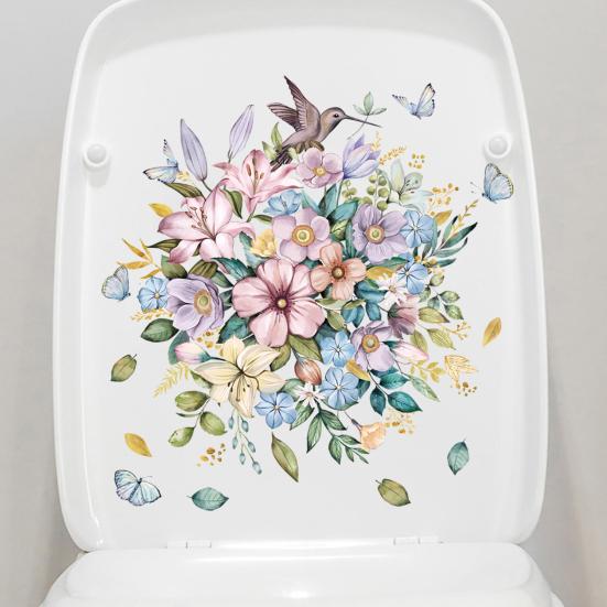 1 Set Toilet Sticker Flower Pattern Wall Decal Removable Self-adhesive Toilet Lid Sticker for Home Bathroom