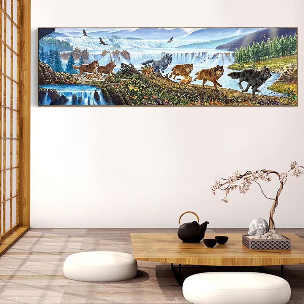 Instarry 5D Diamantmalerei-Set, Vollklebebild, Wanddekoration, Mosaik, Perlen, Handarbeitsset, Wolf und Wasserfall, 120x40 cm
