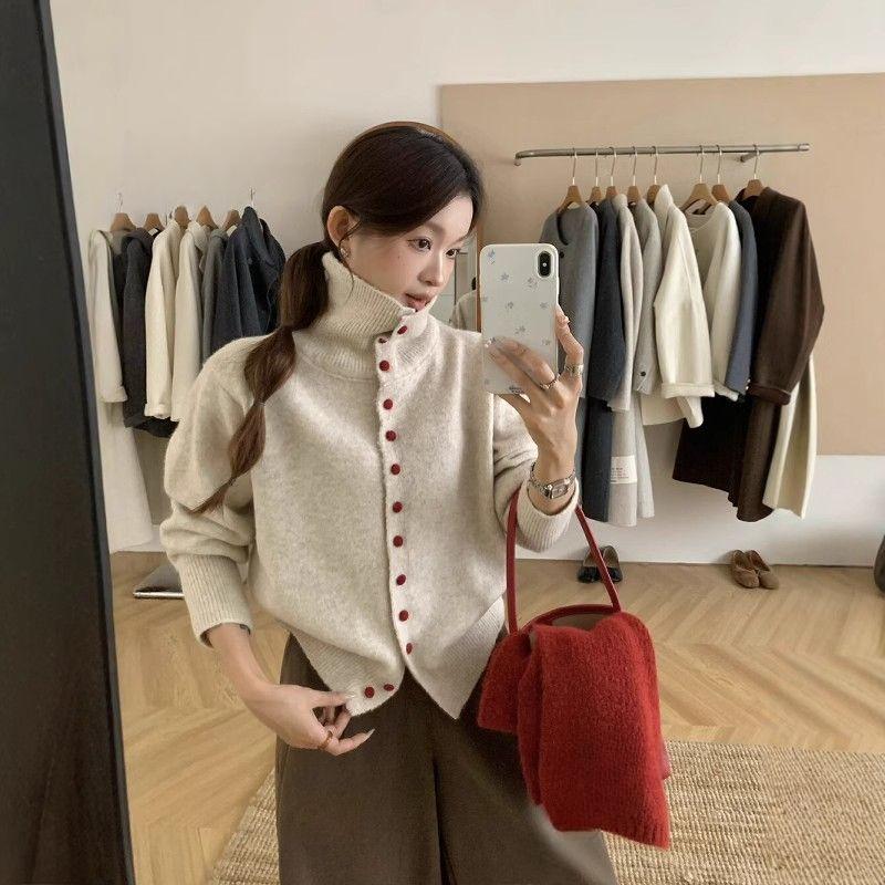 

Женский вязаный кардиган на пуговицах с высоким воротником, универсальный повседневный топ для осени и зимы one size