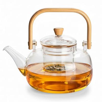 FGIUKC Heat-Resistant Glass Teapot, Large Capacity 1000ml, Serves 3-4 People, with Bamboo Handle, Transparent Glass Teapot, Perfect for Green Tea, Bla