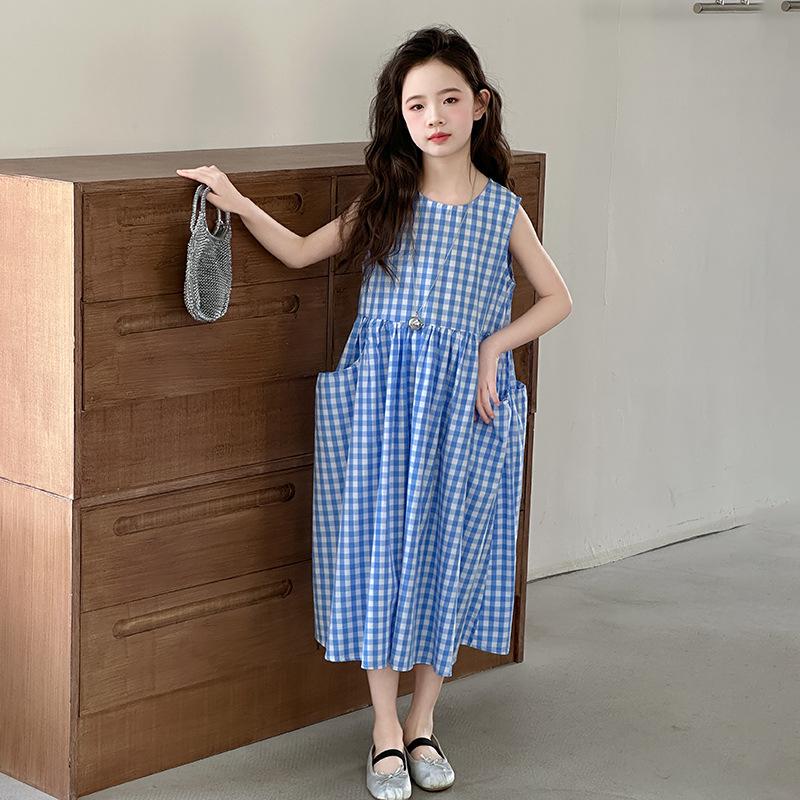 Summer New Style Girls' Sleeveless Plaid Dress, Children's Clothing, Girls' Temperament, Pocket Vest Dress, Trendy and Clear
