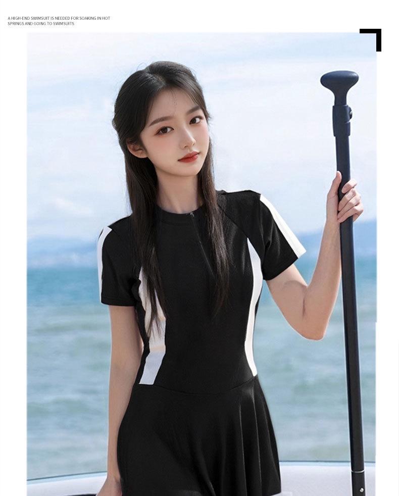 Women's Black Skirted One-Piece Swimsuit - Slimming, Conservative, Sportswear for Summer