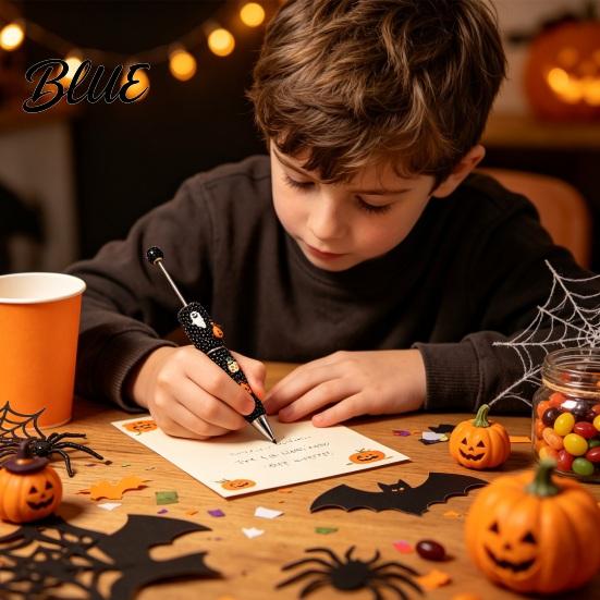 Rhinestone Writing Pen Beadable Pen Glitter Plastic Beaded Halloween Pumpkin Ghost Skull Smooth Gel Ink for DIY Craft Making School Office Supplies