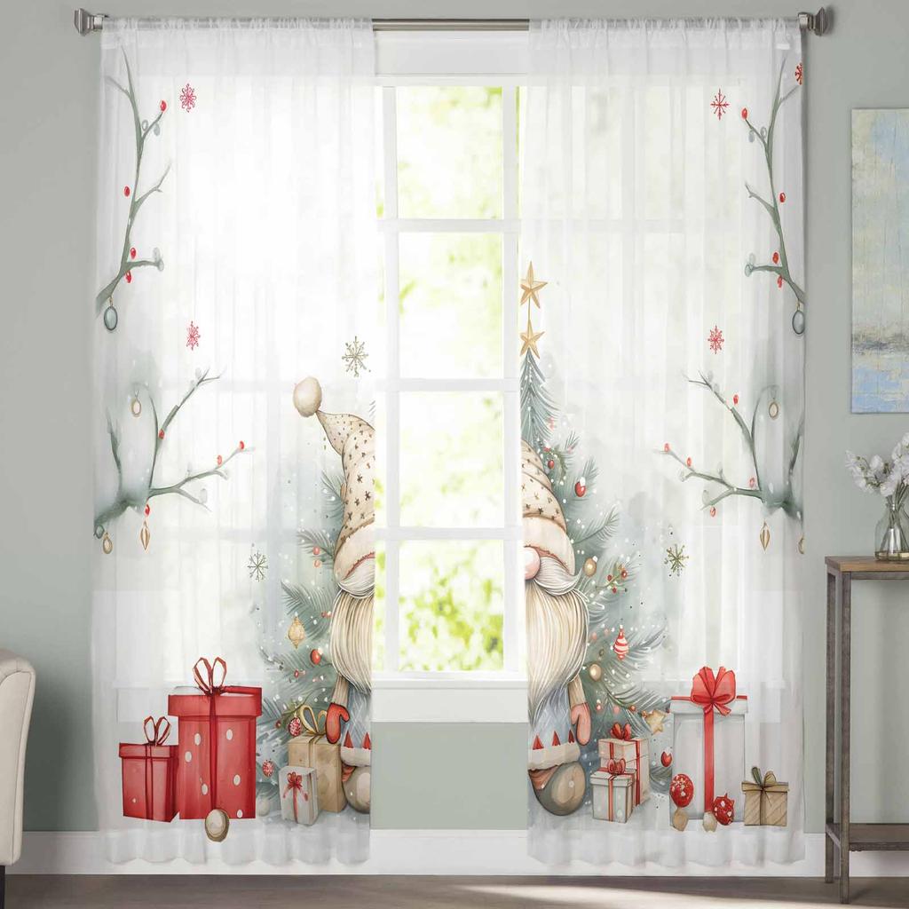 Christmas Dwarf Tree Watercolor Sheer Curtains Modern Gauze Curtain for Living Room Bedroom Voile Yarn Curtains