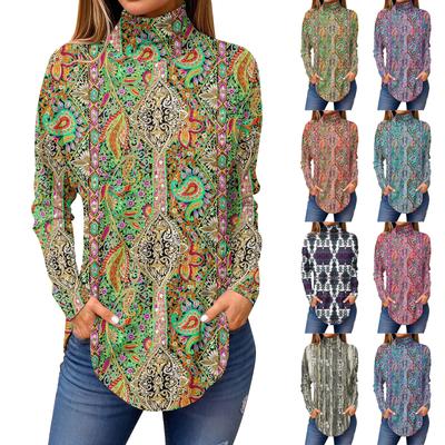 Kadınlar İçin Tişörtler Sonbahar Rahat Uzun Kollu Gömlekler Sweatshirt Vintage Baskılı Yüksek Yaka Üst Kazak