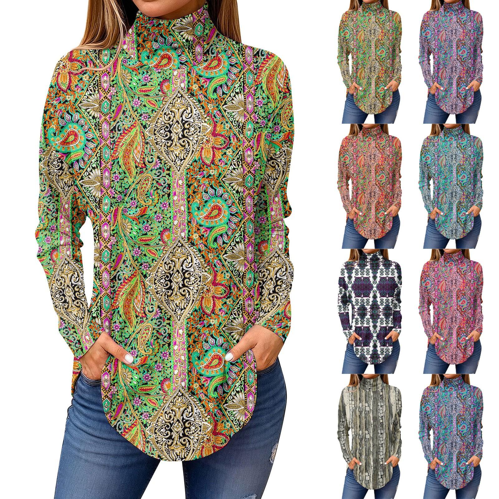 

Жіночі футболки для осені Повсякденні сорочки з довгими рукавами Світшоти Вінтажний пуловер з високим горлом і принтом M синій