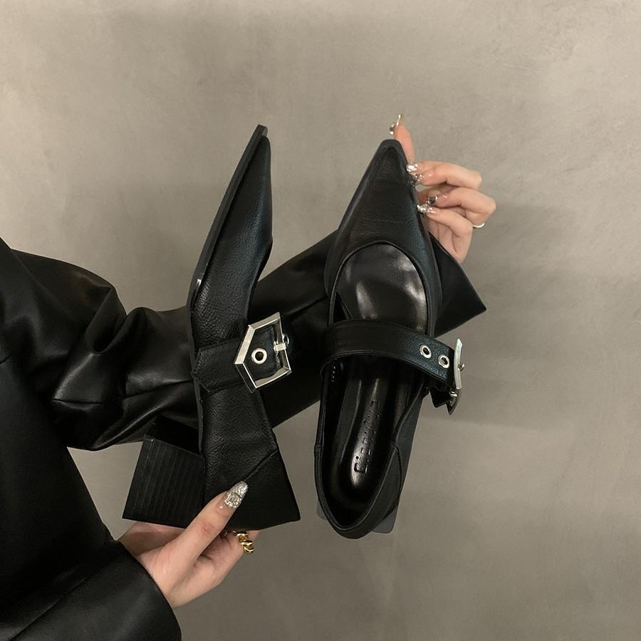 Retro pointed Mary Jane small leather shoes women's British autumn and winter new French thick heel loafer single shoes