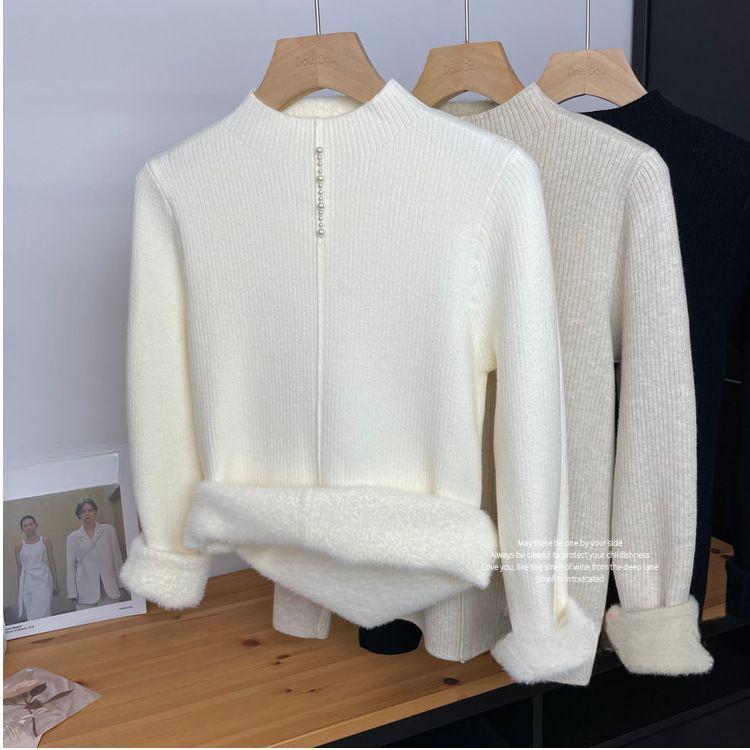 

Флисовый и Утолщенный Вязаный Свитер Женский Осенне-Зимний Пуловер с Полувысоким Воротником Цельный Флисовый Приталенный Топ M