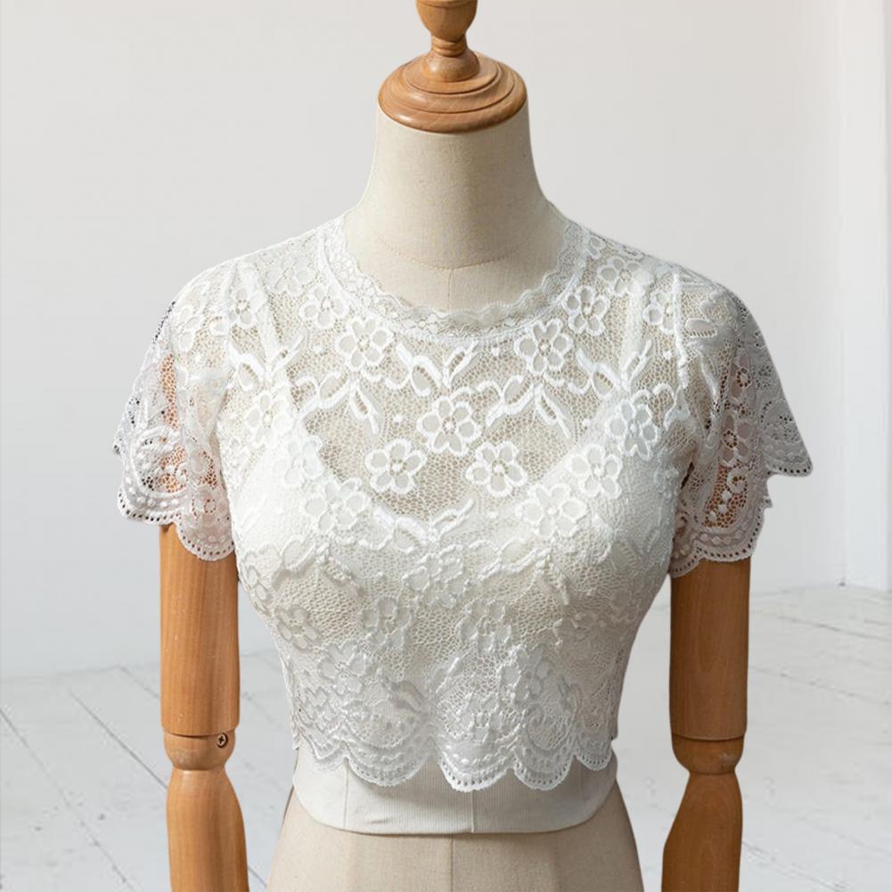 Fake Collar Lady Base Top Female Clothes Lace Solid Color See-through Flower Embroidery Short Sleeves Bottoming Round Neck Quick