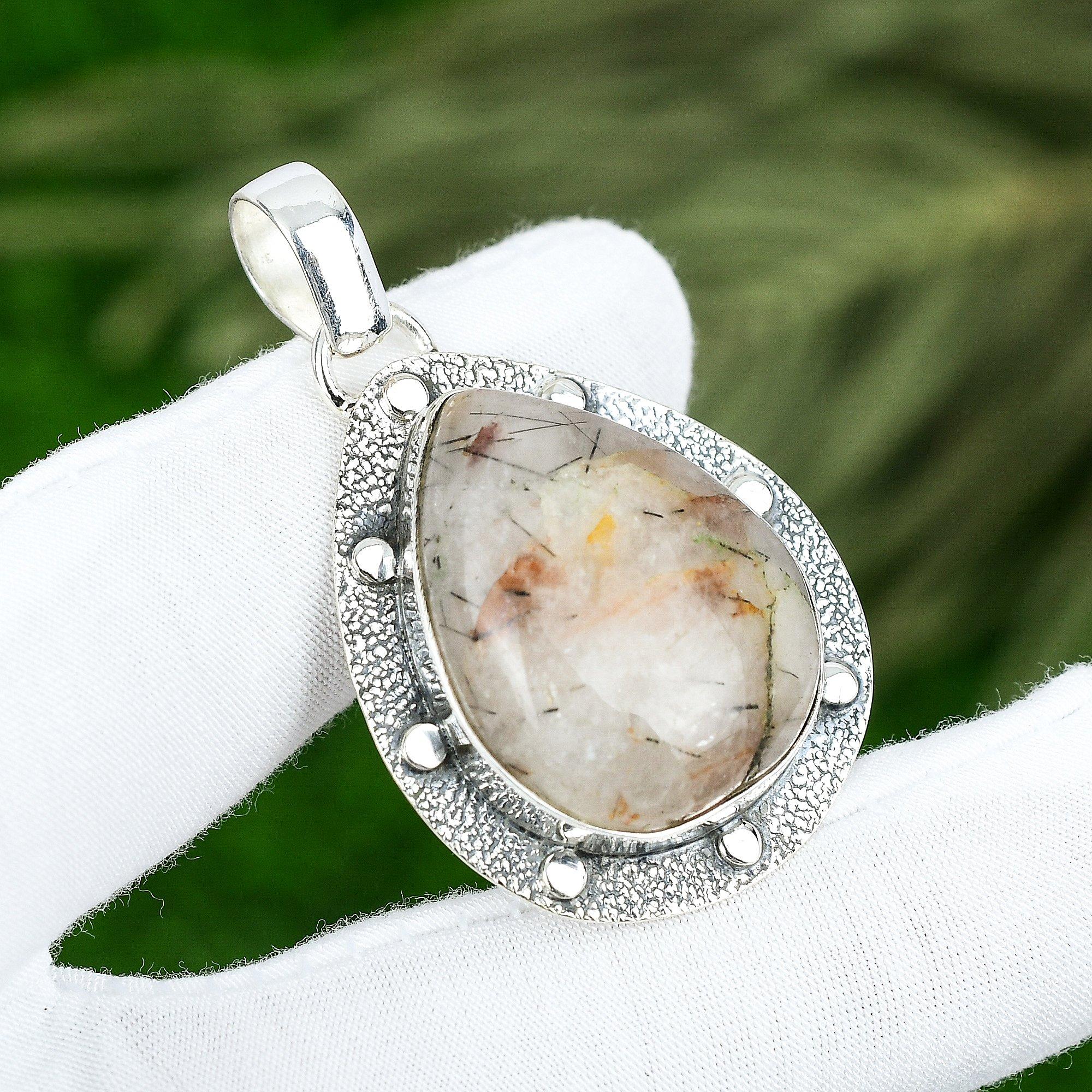 

Pear Black Rutile Gemstone Bezel Anniversary Pendant Jewelry 925 Sterling Silver