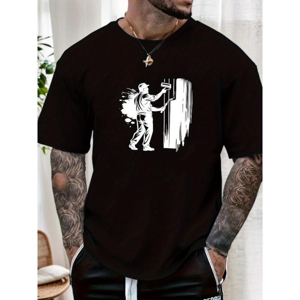

European Sizes Men s Short-Sleeve T-Shirt with Worker Wall Brush Print - Solid Color Round Neck Summer Casual Workwear Tee For, & Casual Attire XXXXXL чорний