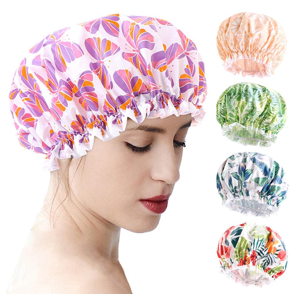 Waterproof Bath Hat Bathroom Shower Hair Cover Women Supplies Shower Cap Adult Shower Bath Bathing Caps Flower Print Elastic Cap
