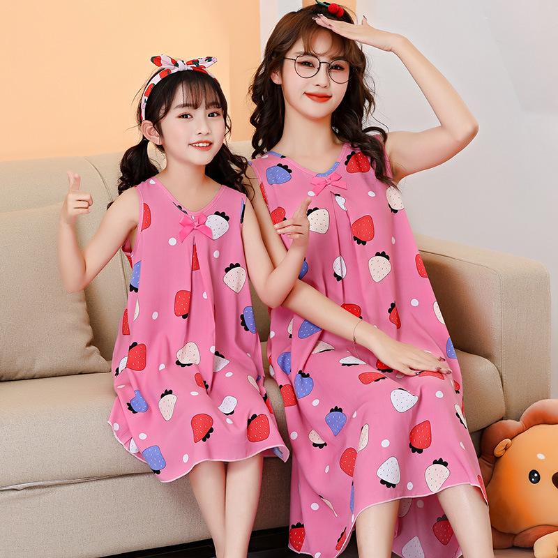 Cămașă de noapte de vară din bumbac fără mâneci pentru fete - Pijamale asortate mamă-fiică