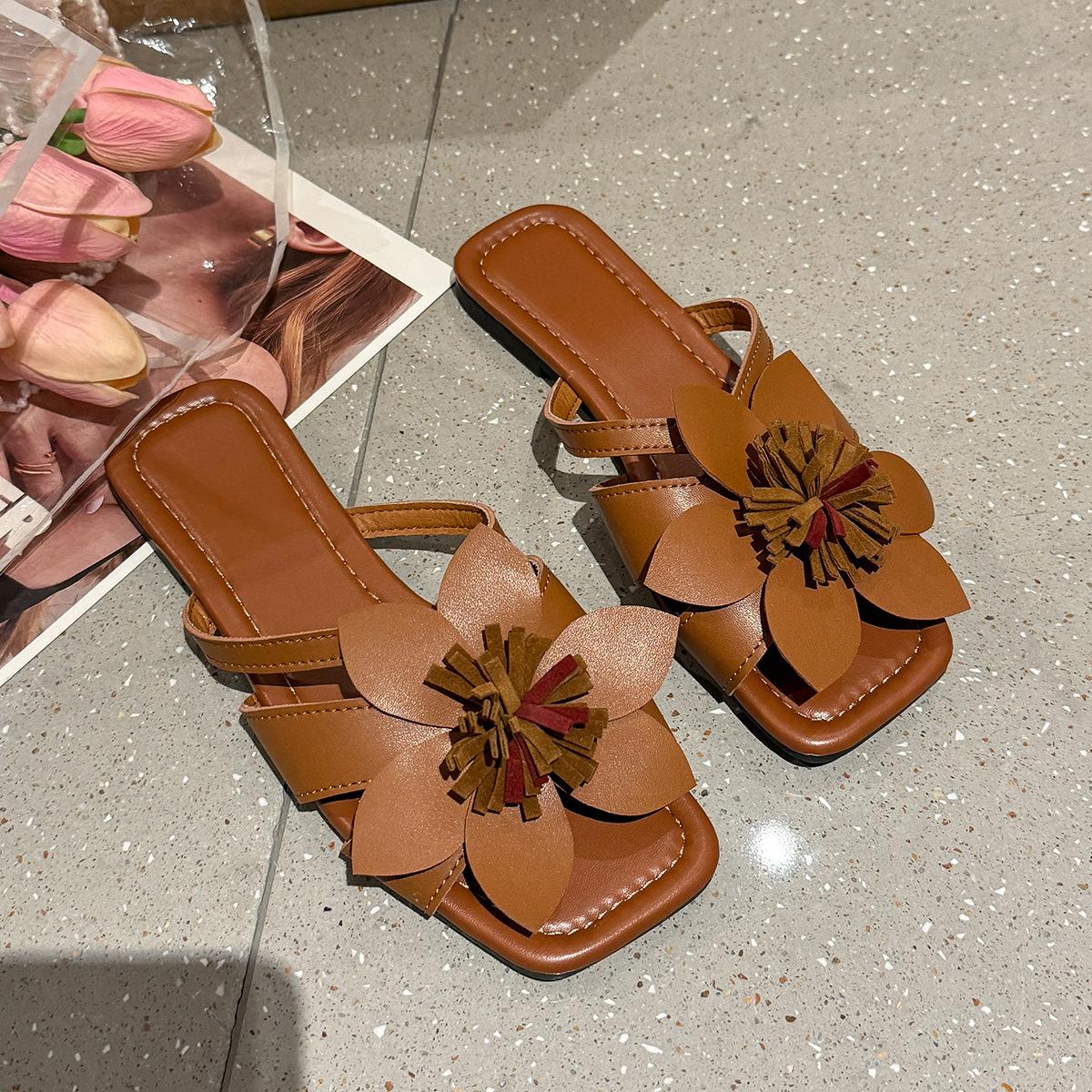 

Летние новые женские шлепанцы с цветком, с открытым носком, на плоской подошве, универсальные, повседневные и удобные пляжные шлепанцы для женщин 43 коричневый