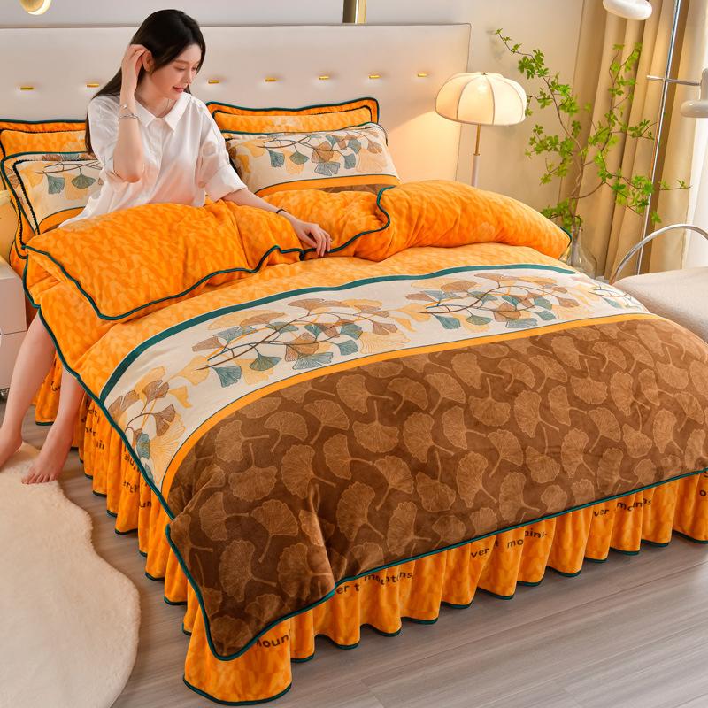 Thickened Milk Fleece Four-Piece Coral Fleece Quilt Cover, Bed Sheet Fleece Double-Sided Fleece Flannel Bedding, Bed Skirt
