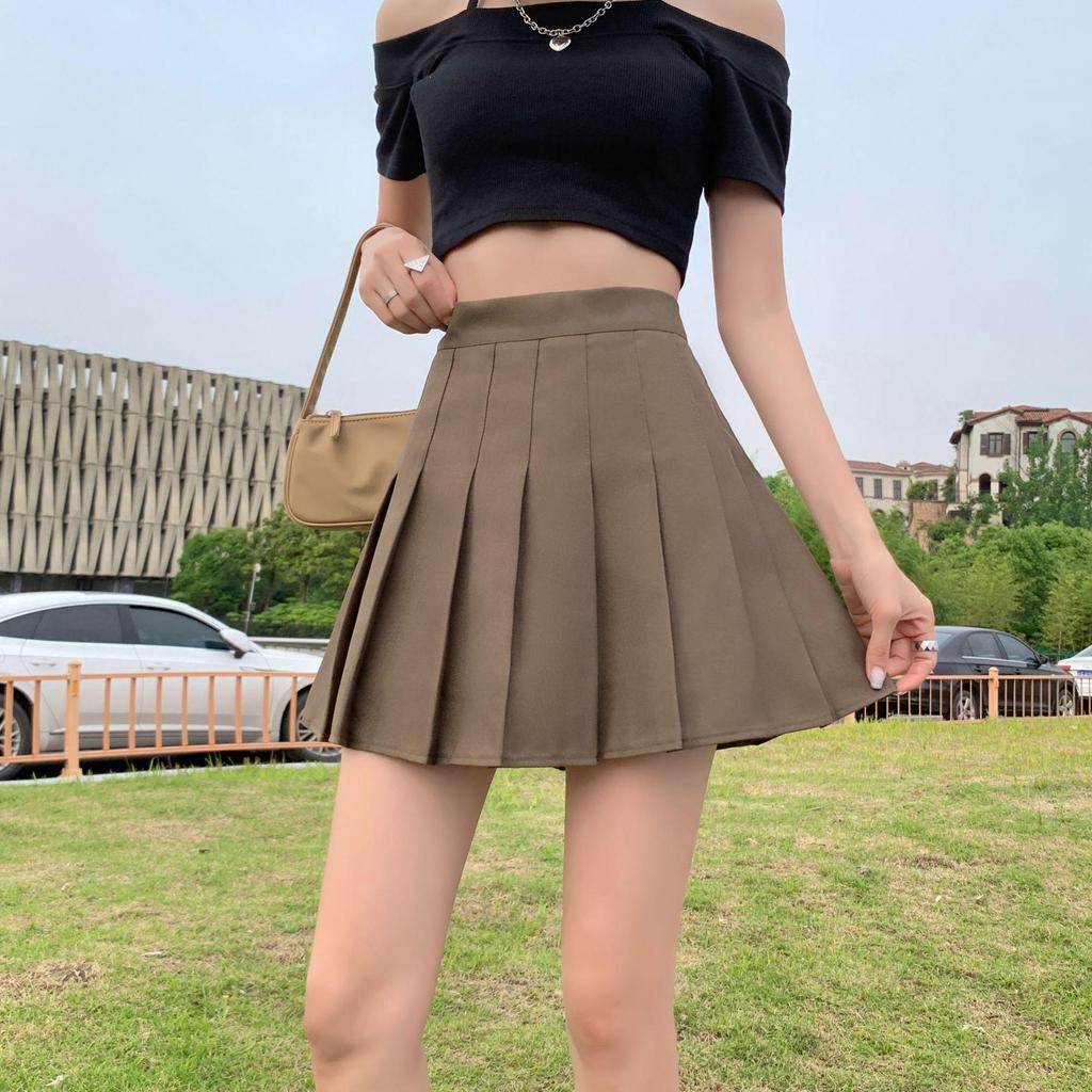 Spring 2025 Women's High Waist Plaid Pleated Skirt - Black A-Line Slimming College Style
