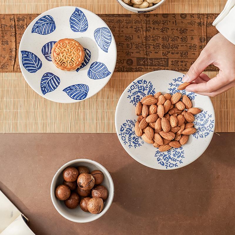 Japanese Ceramic Pedestal Bowl Hand-Painted Blue White Snack Plate Elegant Dessert Stand forTea Minimalist Cake Plate