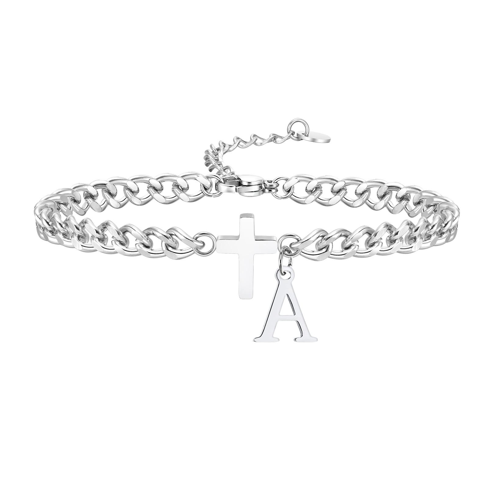 

A-Z Initial Cuban Chain Bracelets for Men, Silver Color Stainless Steel Cross Charm Bracelet, Letter Alphabet Fashion Jewelry
