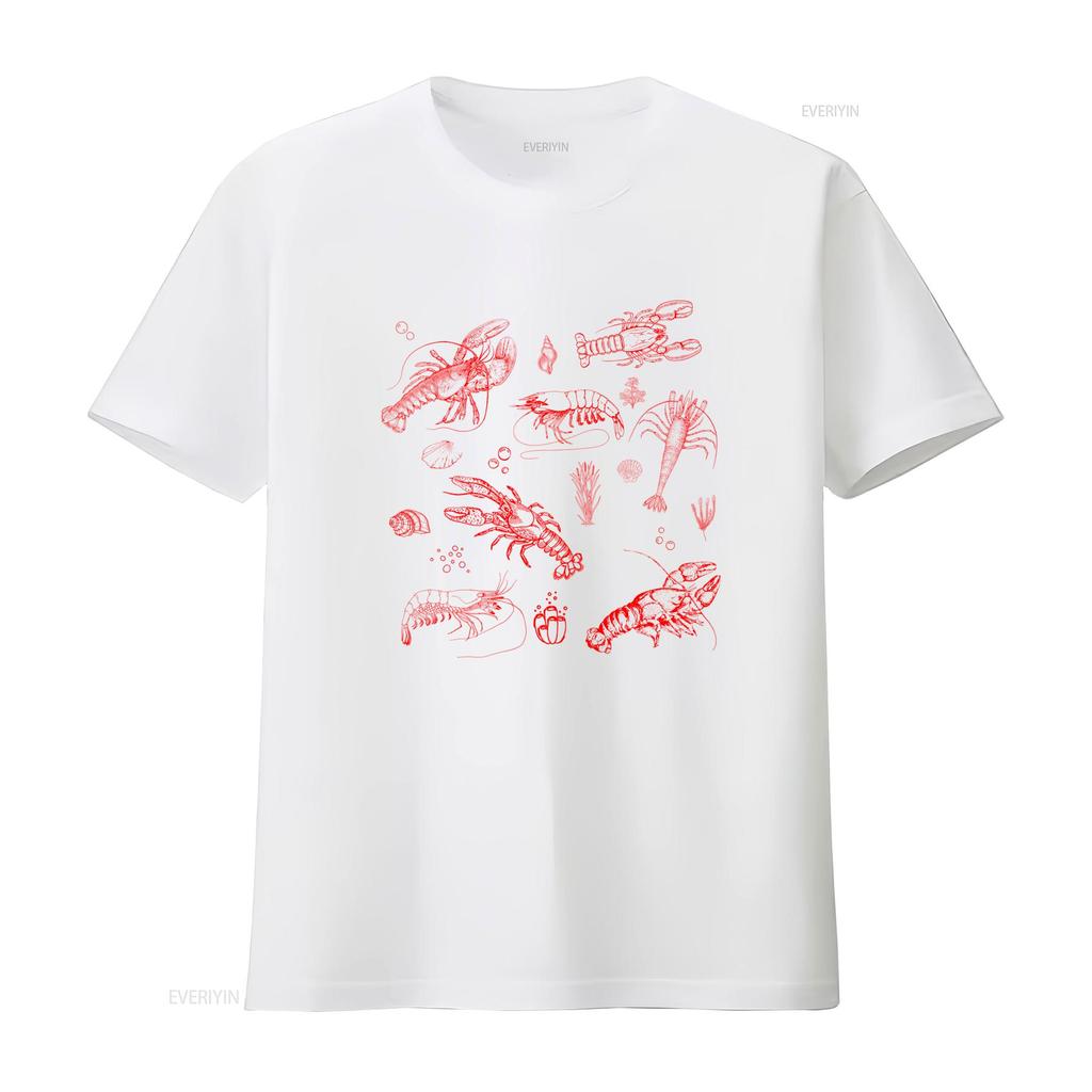 Casual Streetwear Line Art Red Seafood Lobster Shrimp Print T Shirt Vintage Washed Unisex Soft Fashion Stretched