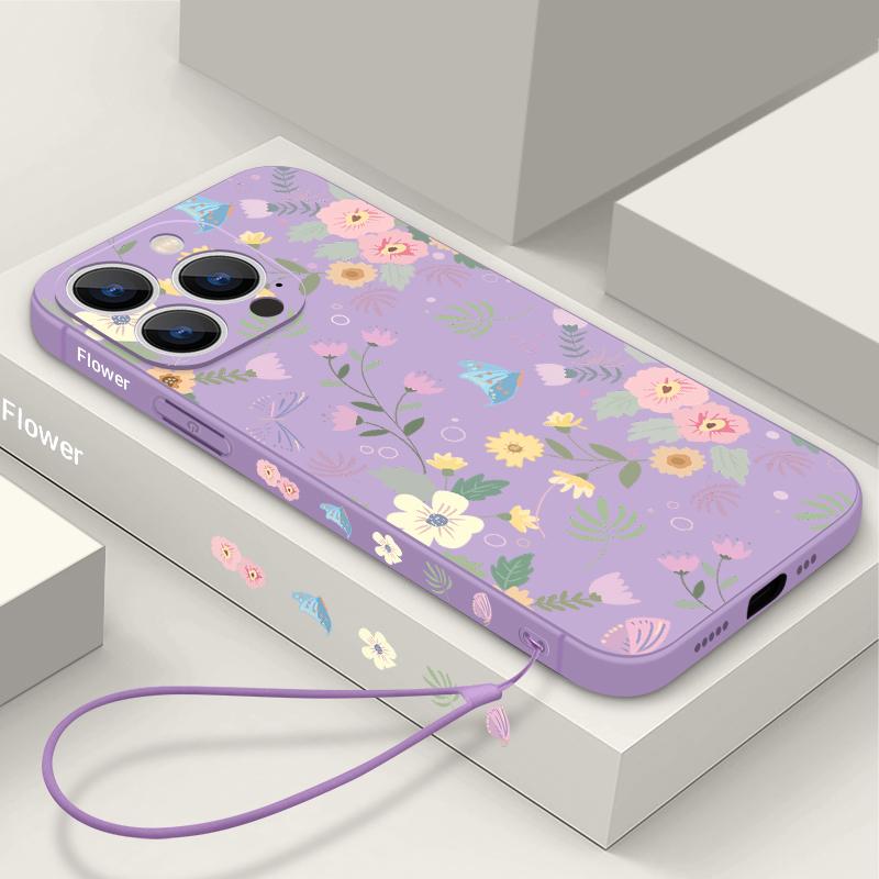 Shockproof Flower Print Phone Case For iPhone 16 15 14 Pro Max 13 Plus 12 Mini 11 16e 17e 17 Pro Max Slim TPU Soft Lanyard Cover