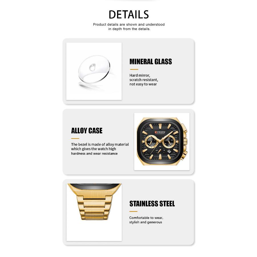 CURREN Men Square Quartz Watch Multifunction Chronograph Green Dial Waterproof Calendar Stainless Steel Mens Business Wristwatch