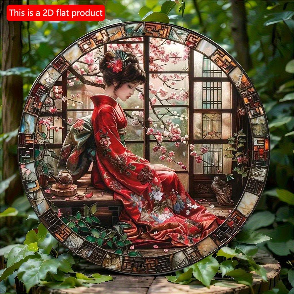 2d Flat 20*20cm, Round Wooden Wall Sign Art, Japanese Kimono Decorative, Entrance Decor Gift, Home Crafts, for Bar, Cafe, Club, Home, Room Wall Decor.