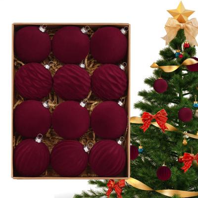 12 Pcs Velvet Christmas Balls Flocking Balls Christmas Tree Ornament Shatterproof Plastic Hanging Baubles Decoration