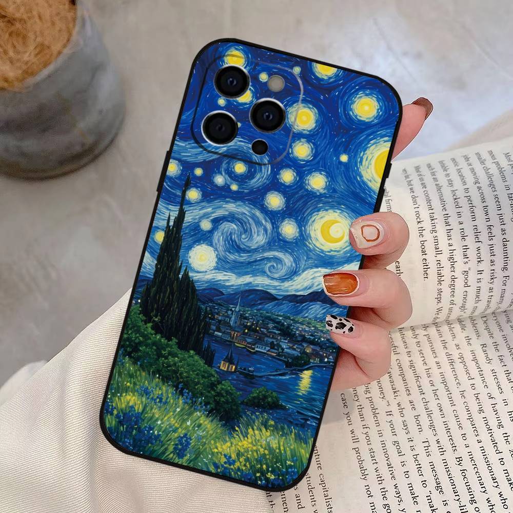 

Van Gogh Starry Sky Phone Case For iPhone 17,16,15,14,13,12,11 Plus,Pro Max,XS,Soft Silicone Black Cover iPhone16Plus