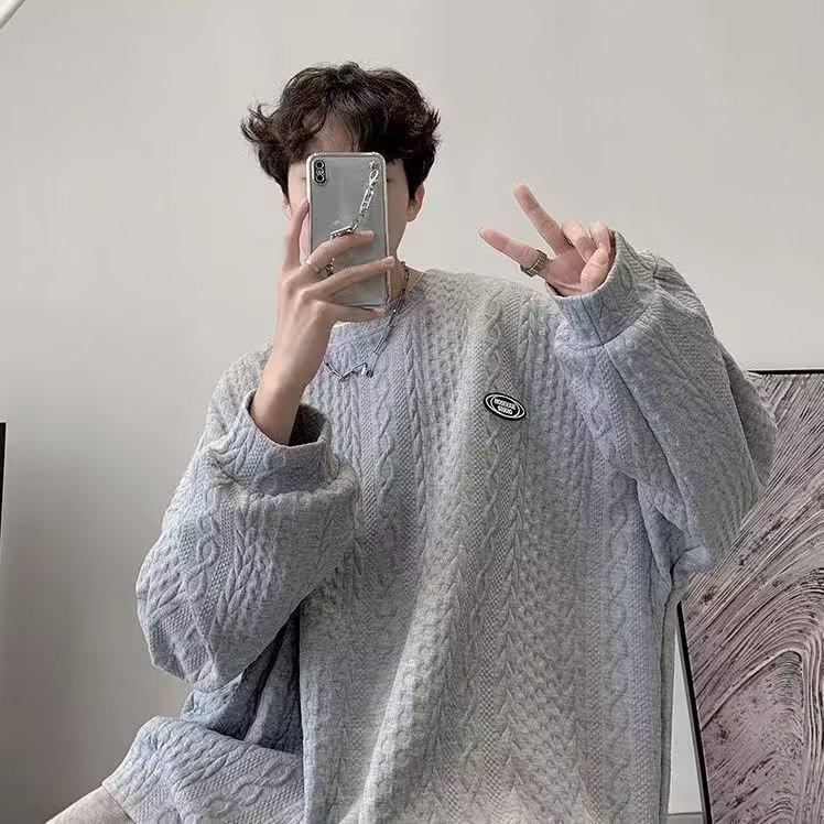 Męska bluza dzianinowa w stylu chic z Hongkongu - Modny luźny krój z okrągłym dekoltem na wiosnę i jesień