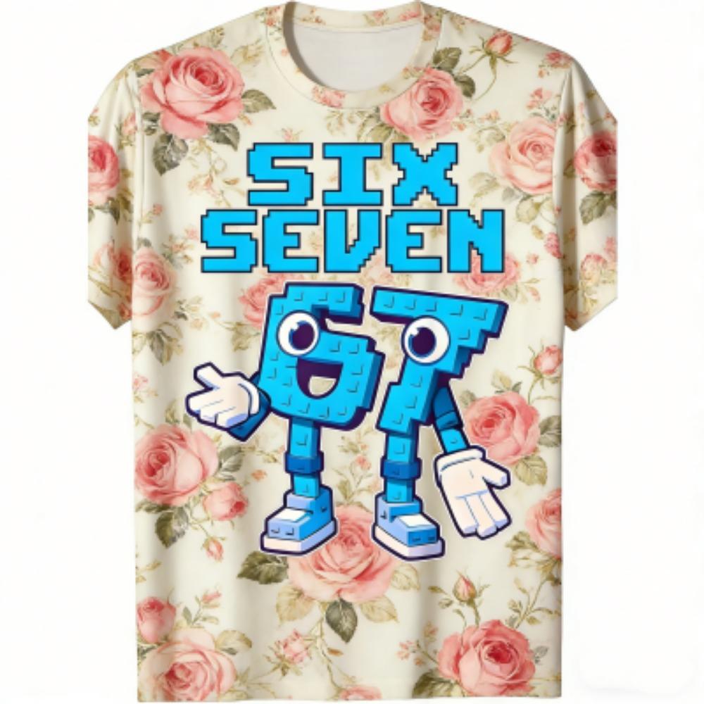 Modisches Herren-T-Shirt 67 Six Seven Blumenstreifen-Print Herren- und Damen-T-Shirts Top Sommer Kurzarm Rundhalsausschnitt Lässig Outdoor Herrenbekleidung