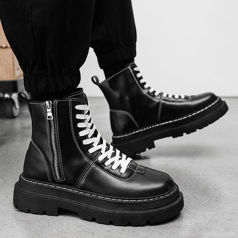 Fashion Men's High-Top Leather Boots Thick Bottom Fleece-Lined 2024 Autumn Winter New Men's Boots Breathable Non-Slip Men's Boots