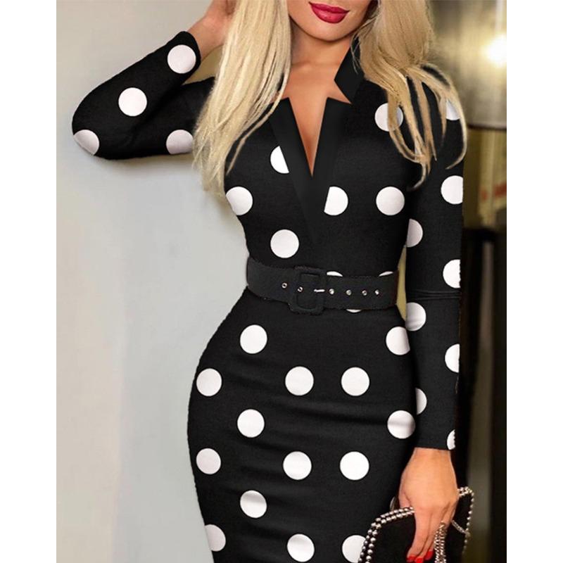 women's Plaid Print V Neck Long Sleeve Bodycon Midi Dress Slim Fitted Pencil Dress With Matching Belt