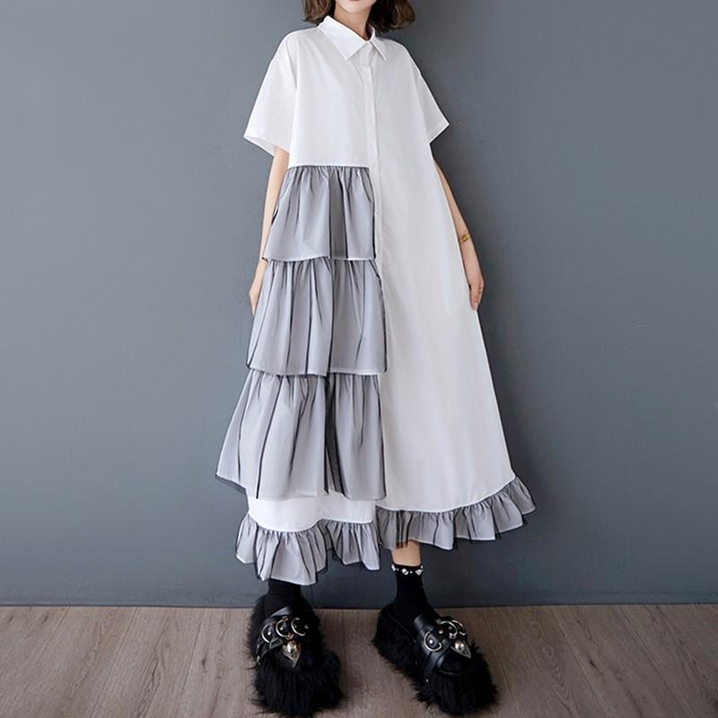 Short Sleeve Plus Size Cotton Mesh Vintage New In Dresses for Women Casual Loose Long Summer Shirt Dress