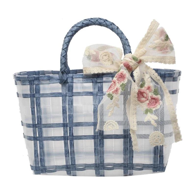 Large capacity picnic bag for ladies  two-tone fabric  embroidered bow  casual PVC bag  women's bags