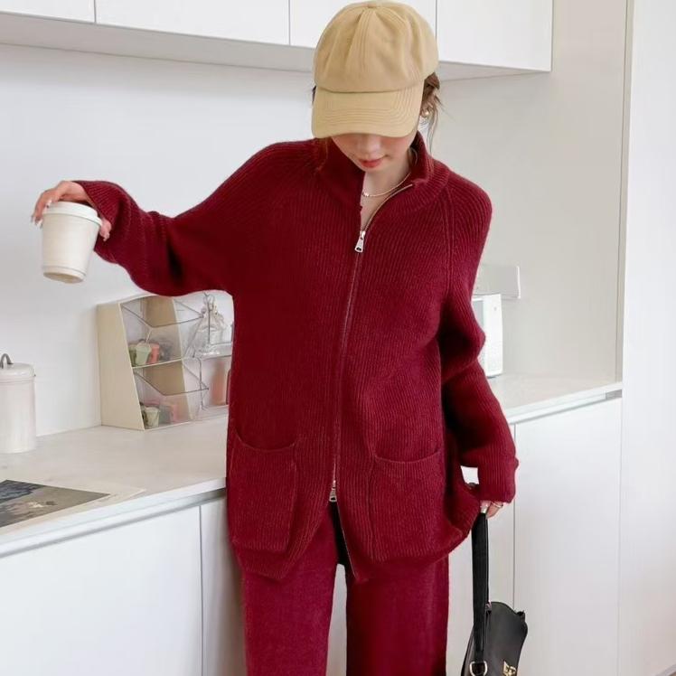 

DIMANAF 2024 Осень Женские однотонные свитера на молнии с карманами и вязанием Повседневный стиль Водолазка Свободный пуловер Свитер One Size красный