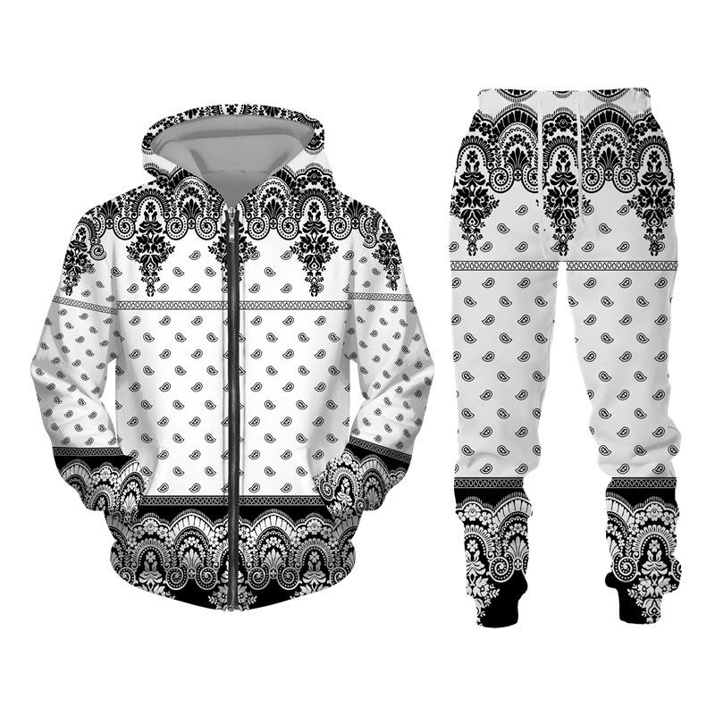 Tracksuit For Men 3D Bandanna Printed Zip Hoodie + Pants Suit Cool Men 2 Pcs Sportwear Casual Hoodies Set Autumn Men's Clothing