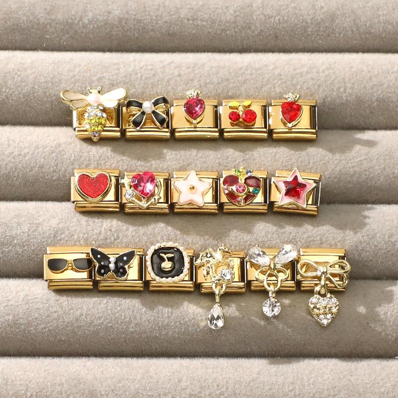 Vintage Zircon Cherry Heart Butterfly Star Bee Golden Italian Charm Links Fit 9mm Stainless Steel Bracelet Women DIY Making Gift