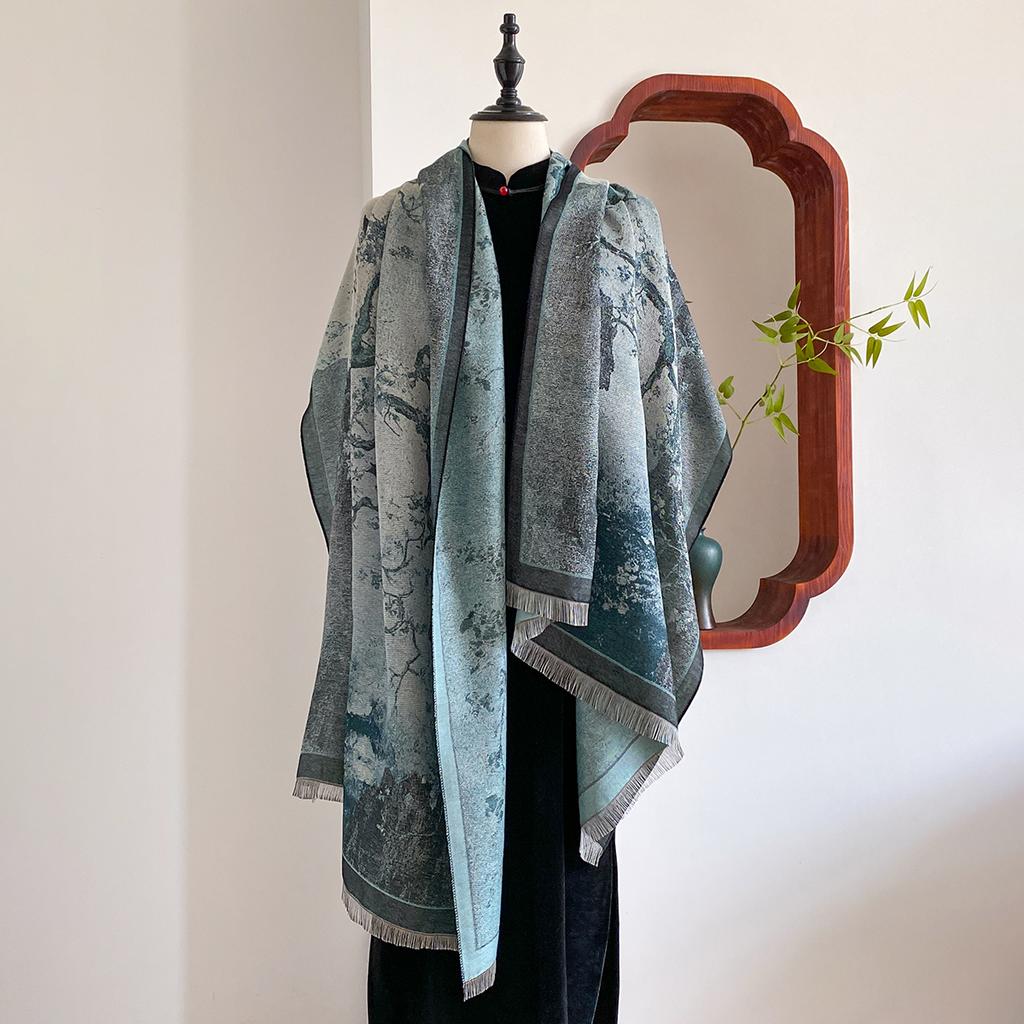Chinese Style Landscape Painting Women Scarf Soft Warm Pashmina Shawl Winter Outdoor Coldproof Windproof Blanket Wrap Scarf