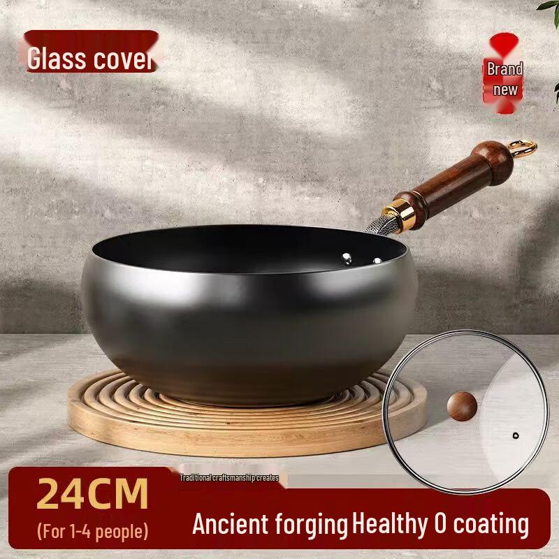 

Jinsaozi 24cm Deep Carbon Steel Flat Bottom Wok