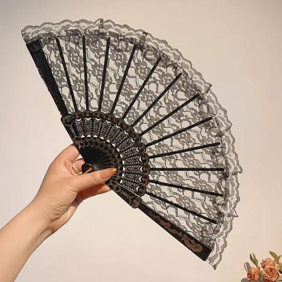 Vintage Lace Folding Fan Plastic Ribs Hand Held Fan Portable Summer Cooling Fan Wedding Dance Party Performance Props