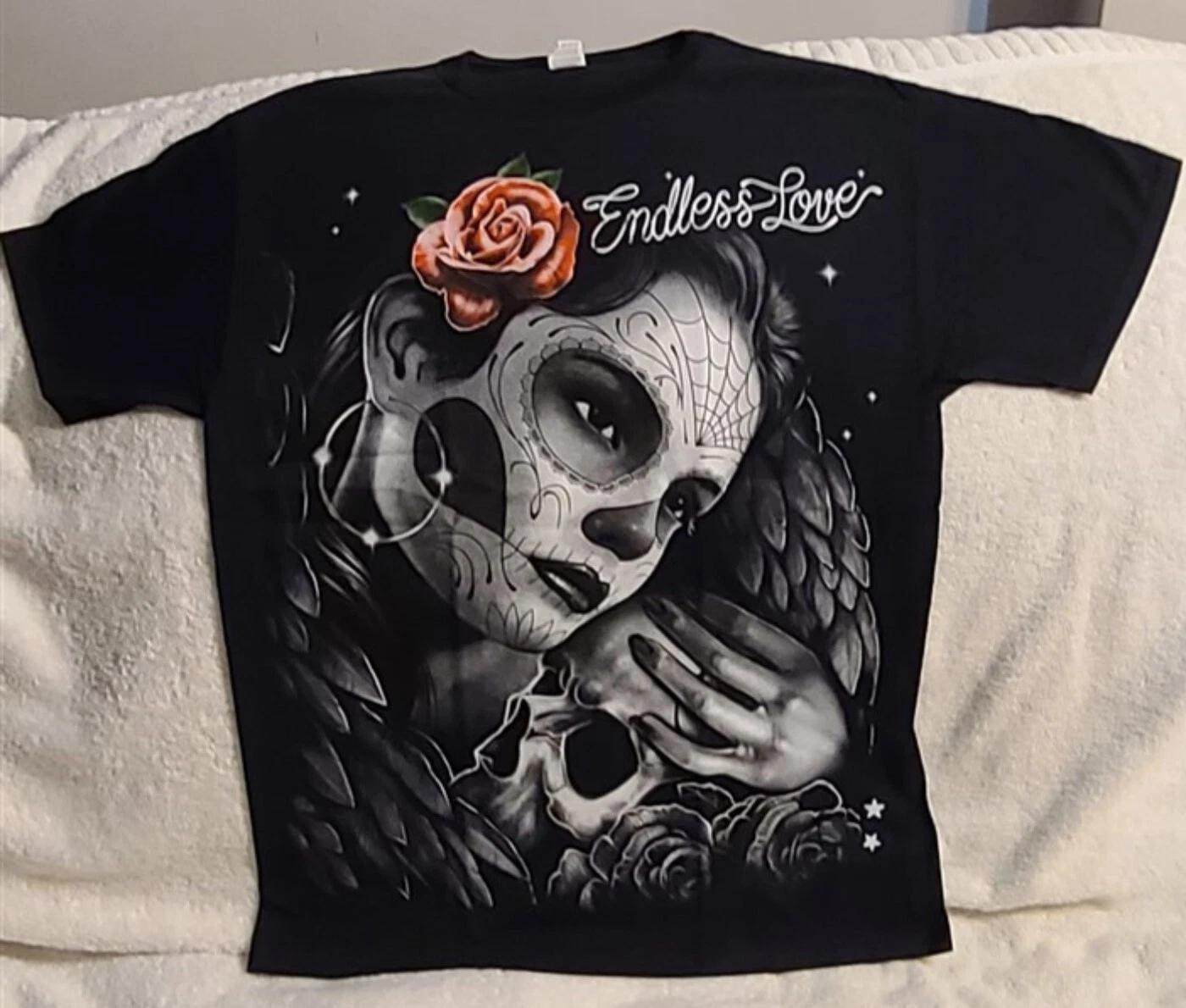 DAY OF THE DEAD WOMAN SKULL FLOWER ROSE WINGS ENDLESS LOVE T-shirt XL