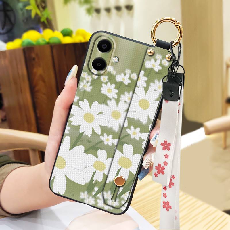 Durable Back Cover Phone Case For Samsung Galaxy A07 Flower Silicone Anti-knock Wrist Strap Shockproof Lanyard Anti-dust