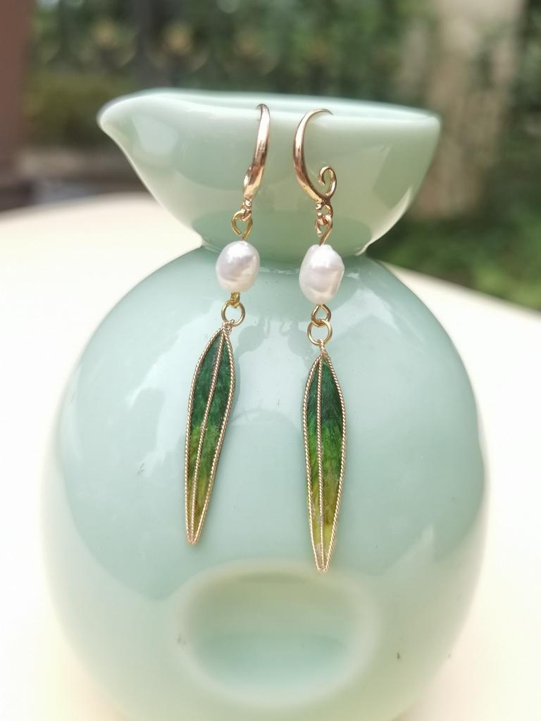 Intangible Cultural Heritage Filament Edelweiss Bamboo Leaf Green Fringed Earrings Retro Temperament Pearl Fashion Simple Wind Ear Jewelry