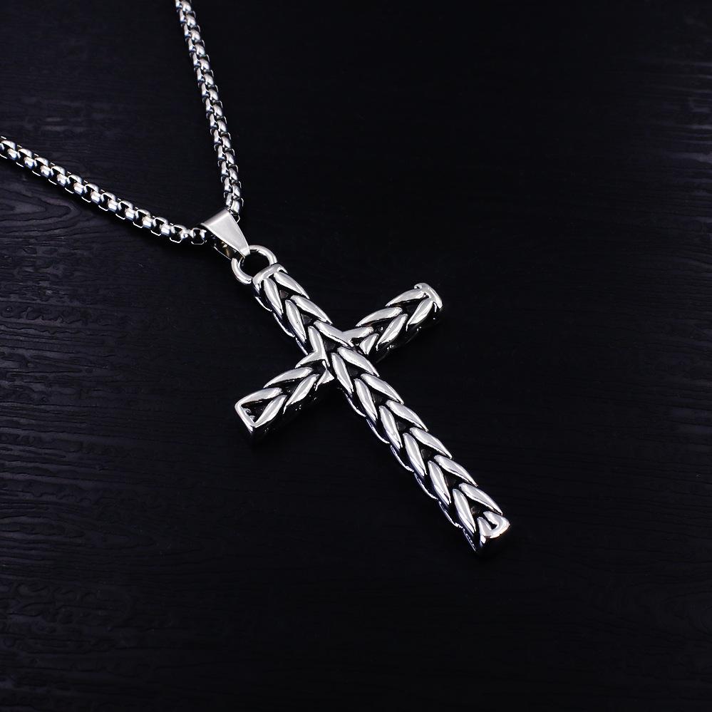 Trendy Men's Titanium Wheat Ear Cross Pendant Necklace with Long Pearl Chain