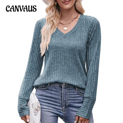 Autumn and Winter Women's Blouse Long-sleeved Tops Brushed Pit Stripes V-neck Solid Color Fashion Tops