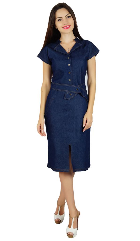 Bimba Womens Blue Denim Dress With Pocket Casual Cap Sleeve Chic Bodycon