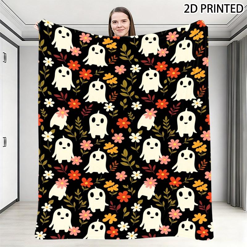 Cute Whimsical Ghost And Floral Print Throw Blanket, Soft Cozy Halloween Blanket with Multiple Specifications Available, Perfect